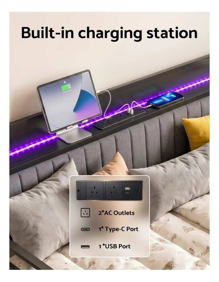Artiss Bed Frame King Single LED Metal Trundle Daybed with Charging Station TURN image 5