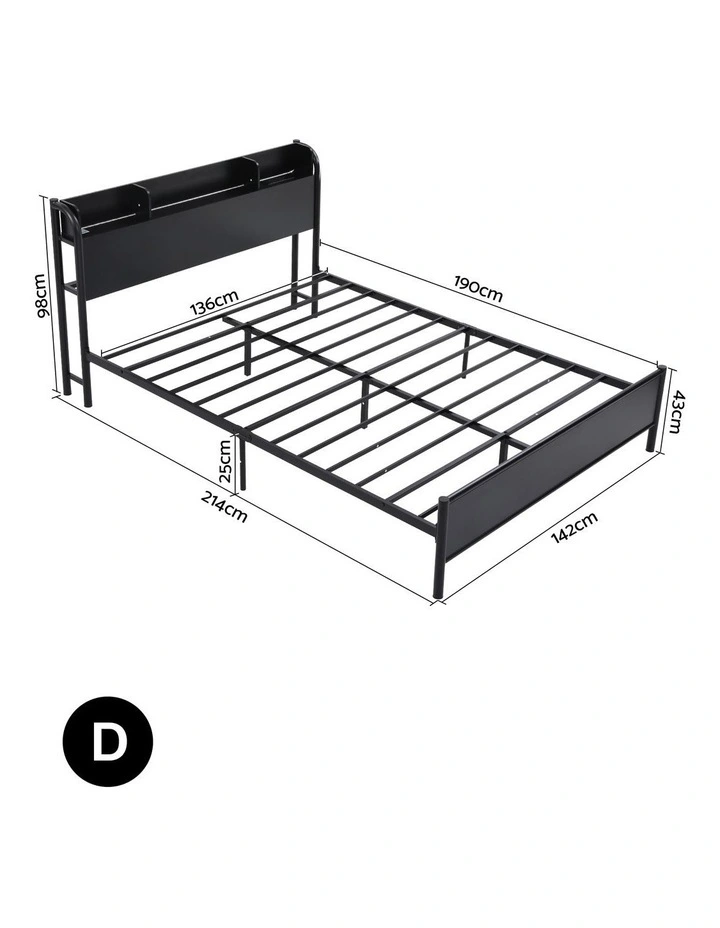 Artiss Bed Frame Double Size with Storage Shelf Headboard Charging Station GRID image 2