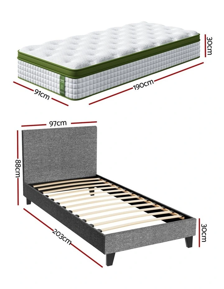 Artiss BedStory Single Bed Frame & 30cm Hybrid Cooling Gel Mattress Set Grey Upholstered Base image 2