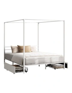Oikiture Metal Canopy Bed Frame Double Size Beds Platform with 2 Drawers White