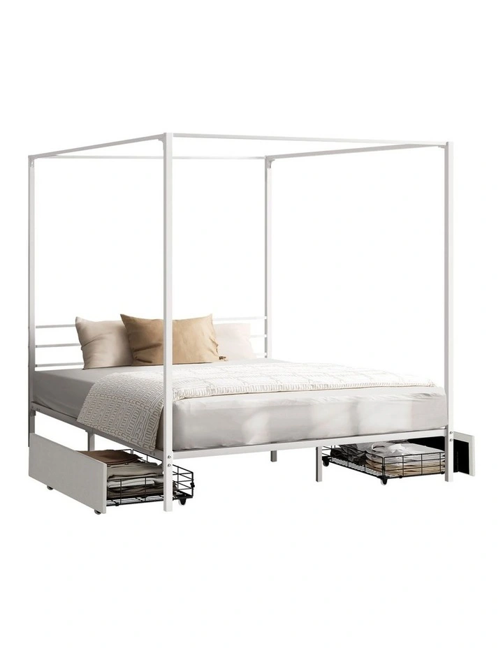 Oikiture Metal Canopy Bed Frame Double Size Beds Platform with 2 Drawers White image 1