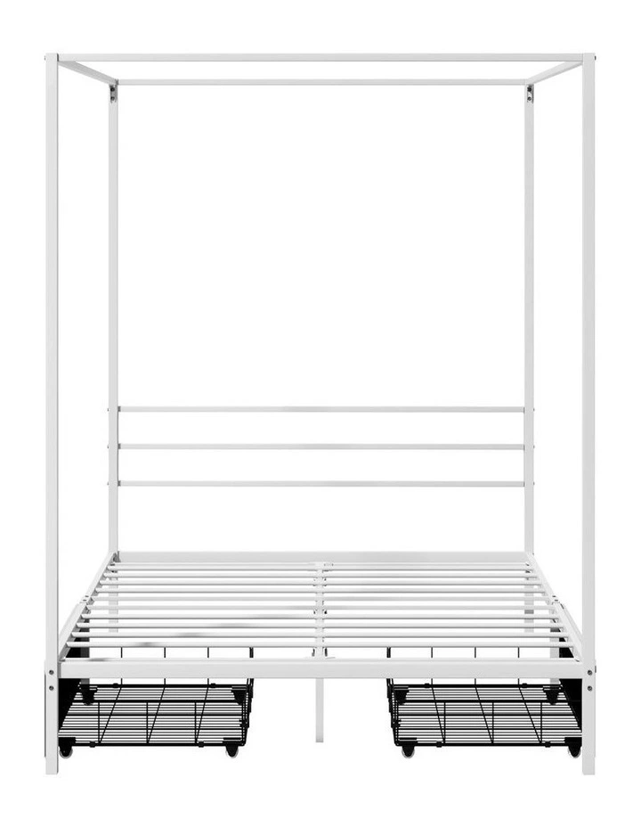 Oikiture Metal Canopy Bed Frame Double Size Beds Platform with 2 Drawers White image 2
