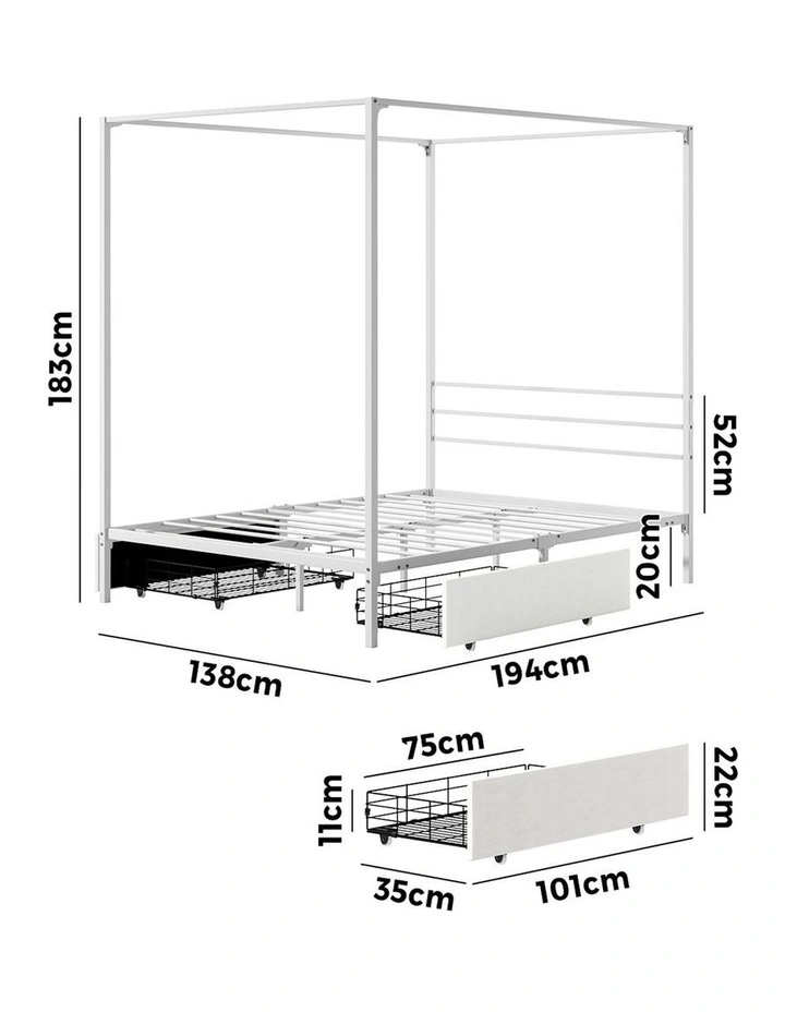 Oikiture Metal Canopy Bed Frame Double Size Beds Platform with 2 Drawers White image 3