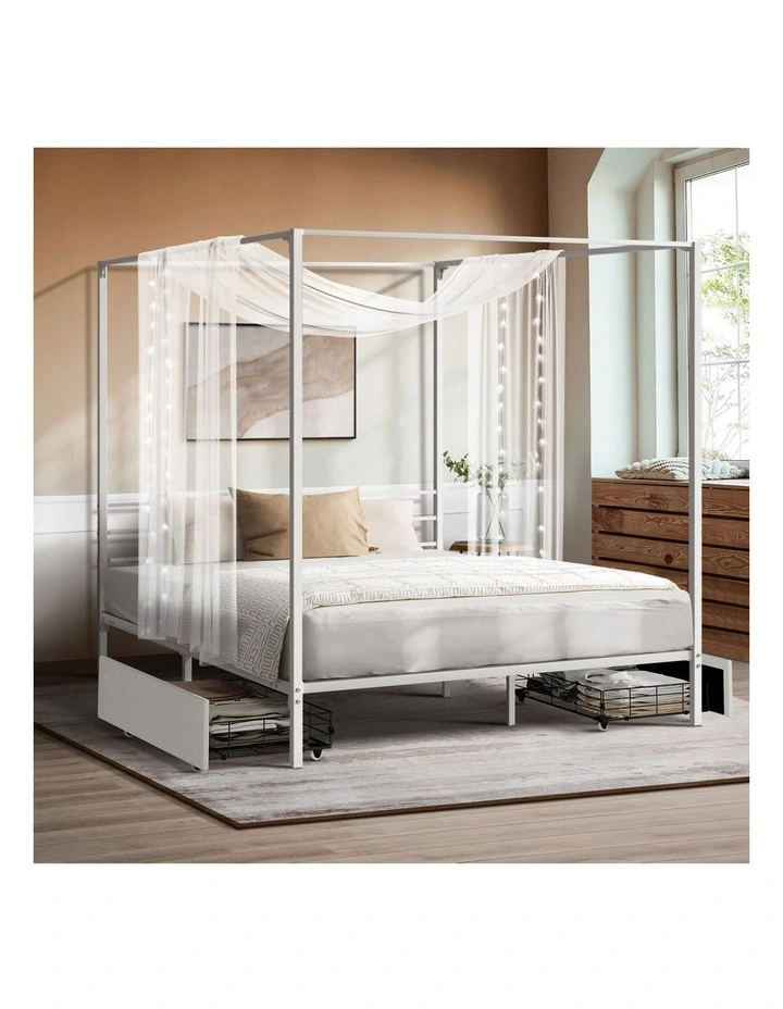 Oikiture Metal Canopy Bed Frame Double Size Beds Platform with 2 Drawers White image 4
