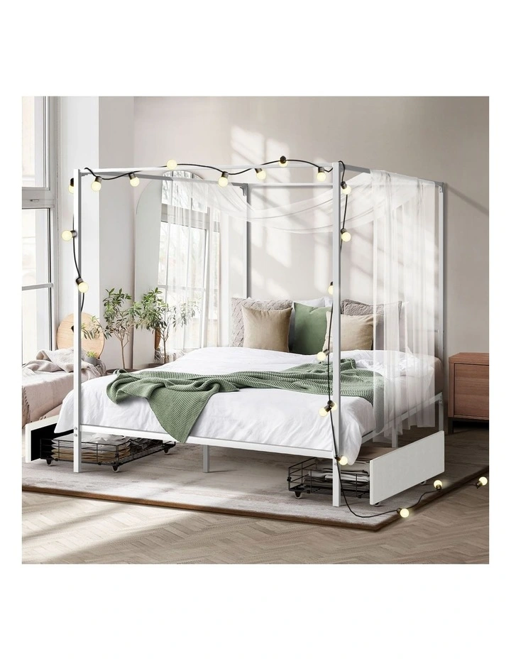 Oikiture Metal Canopy Bed Frame Double Size Beds Platform with 2 Drawers White image 7