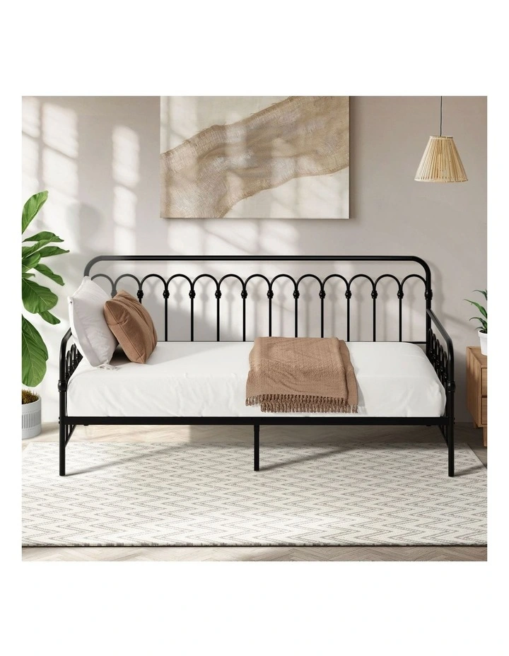 Oikiture Metal Daybed Frame Single Size Sofa Bed Steel Slat Support Black image 5
