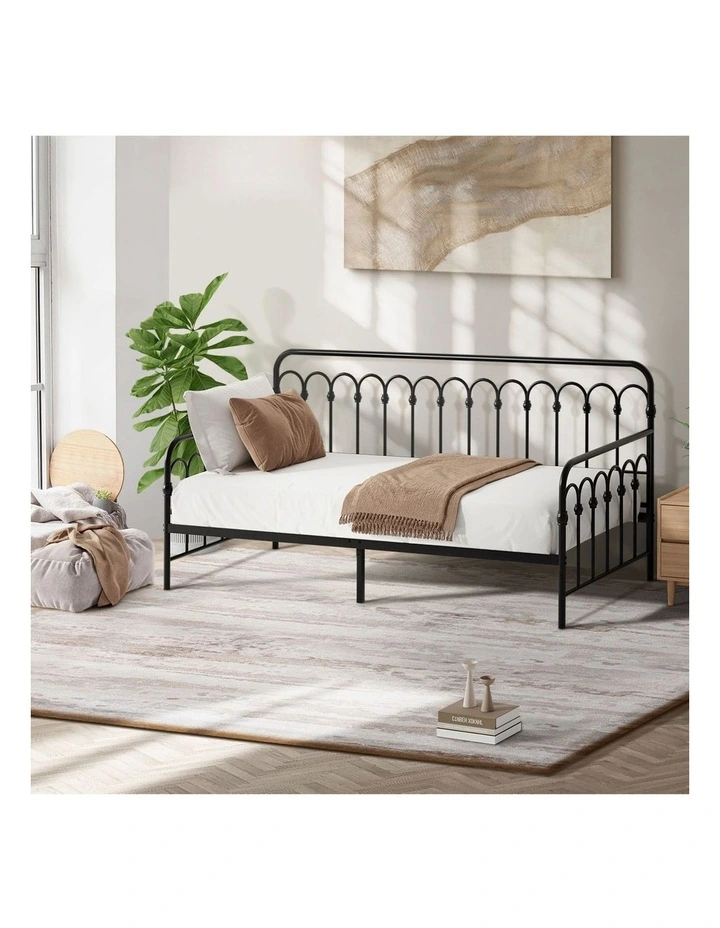 Oikiture Metal Daybed Frame Single Size Sofa Bed Steel Slat Support Black image 7