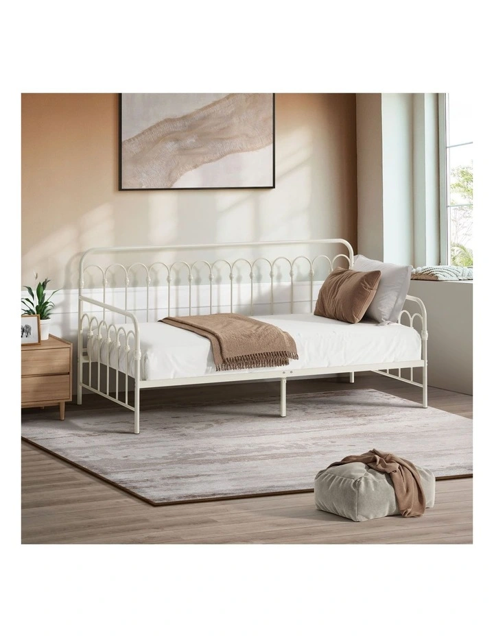 Oikiture Metal Daybed Frame Single Size Sofa Bed Steel Slat Support Beige image 4