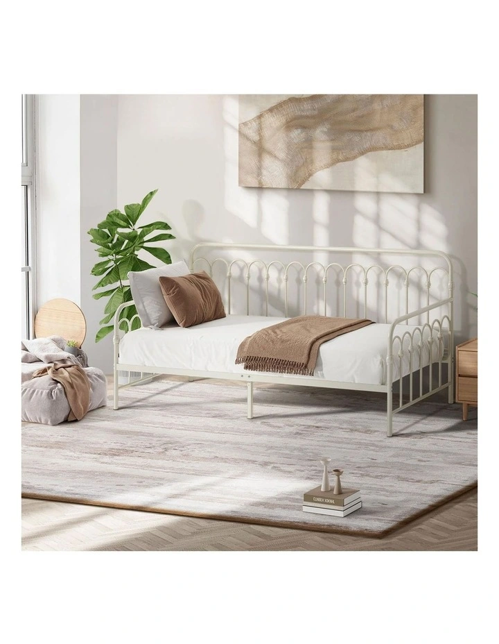 Oikiture Metal Daybed Frame Single Size Sofa Bed Steel Slat Support Beige image 7
