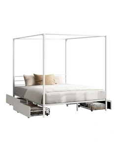 Oikiture Metal Canopy Bed Frame Queen Size Beds Platform with 4 Drawers White