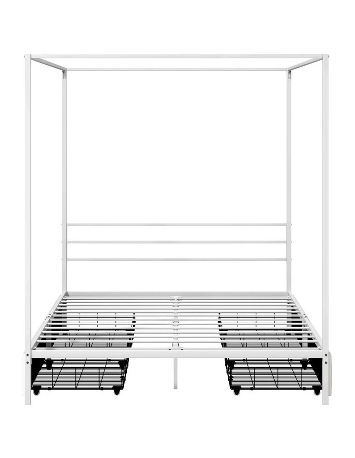 Oikiture Metal Canopy Bed Frame Queen Size Beds Platform with 4 Drawers White image 2