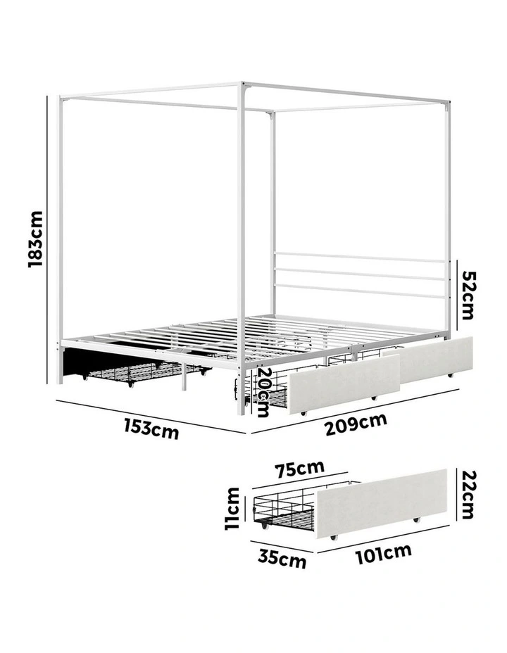 Oikiture Metal Canopy Bed Frame Queen Size Beds Platform with 4 Drawers White image 3