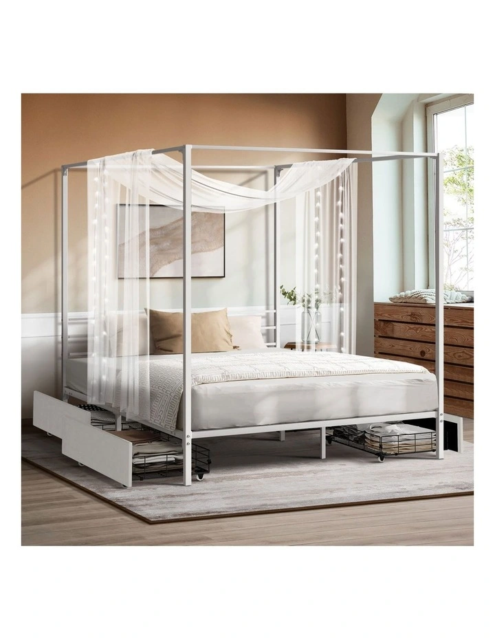 Oikiture Metal Canopy Bed Frame Queen Size Beds Platform with 4 Drawers White image 4