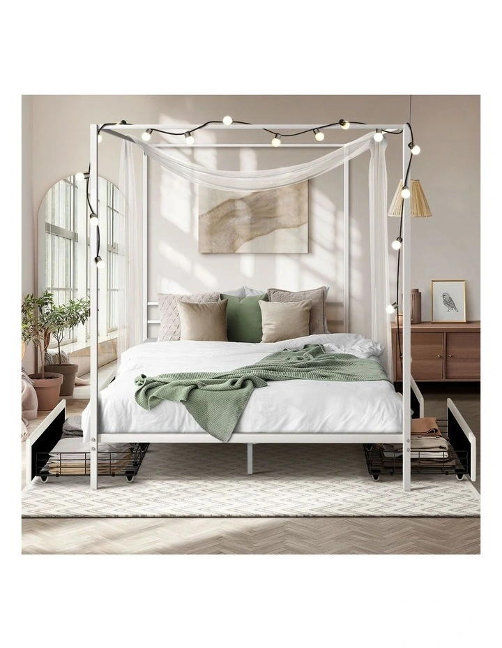 Oikiture Metal Canopy Bed Frame Queen Size Beds Platform with 4 Drawers White image 5