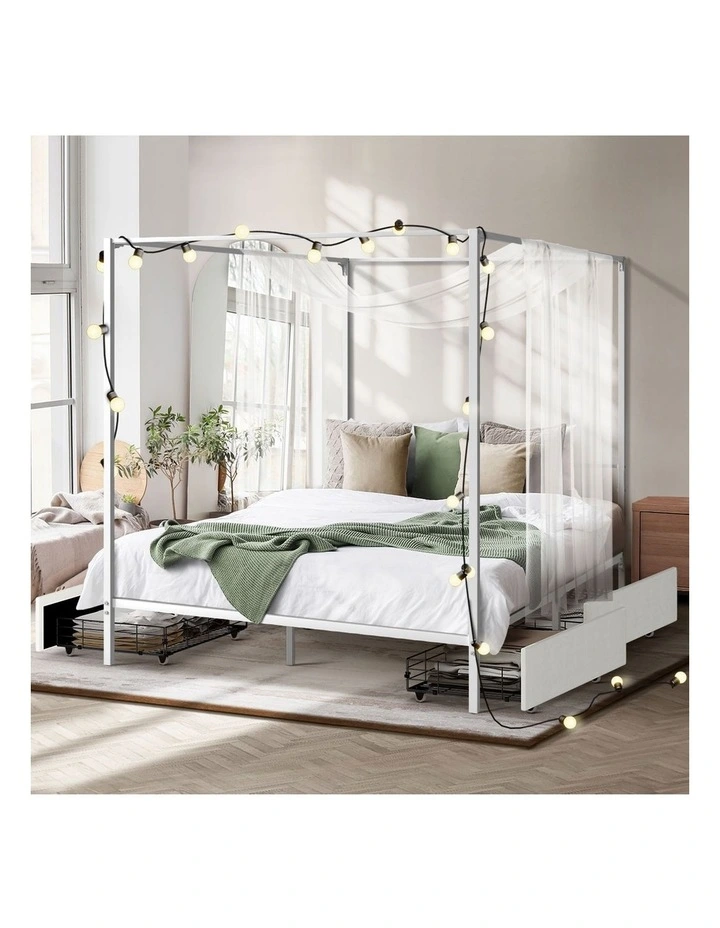 Oikiture Metal Canopy Bed Frame Queen Size Beds Platform with 4 Drawers White image 7