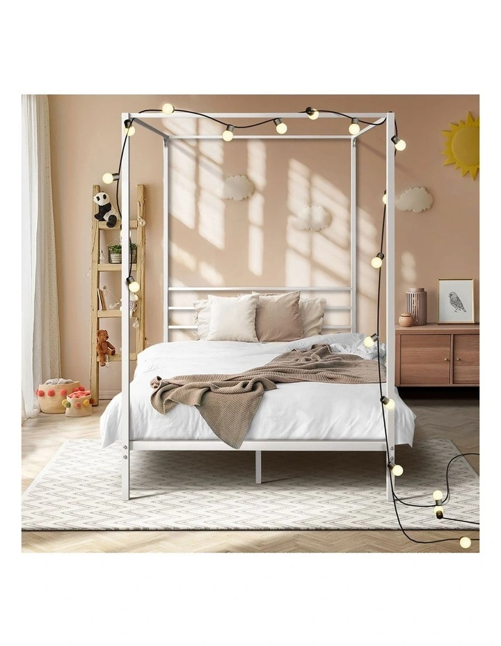 Oikiture Metal Canopy Bed Frame Single Size Beds Platform White image 5