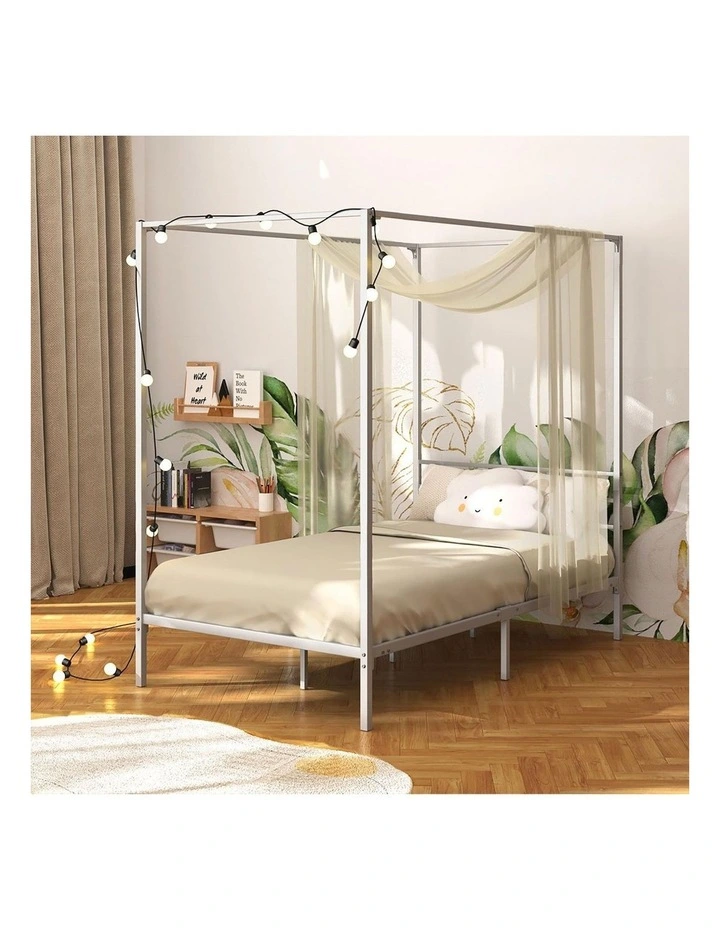 Oikiture Metal Canopy Bed Frame Single Size Beds Platform White image 7