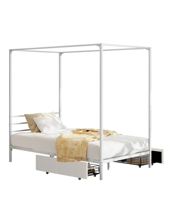 Oikiture Metal Canopy Bed Frame Single Size Beds Platform with 2 Drawers White image 1