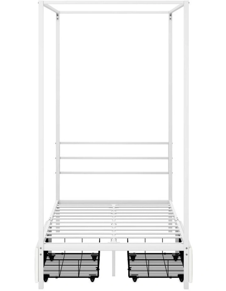 Oikiture Metal Canopy Bed Frame Single Size Beds Platform with 2 Drawers White image 2