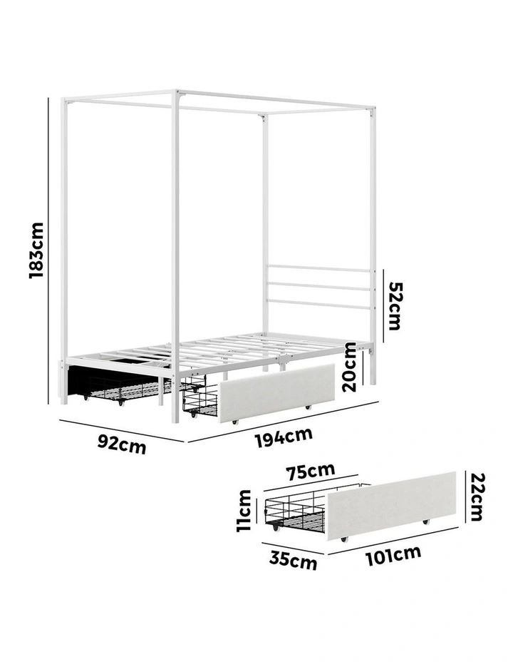 Oikiture Metal Canopy Bed Frame Single Size Beds Platform with 2 Drawers White image 3