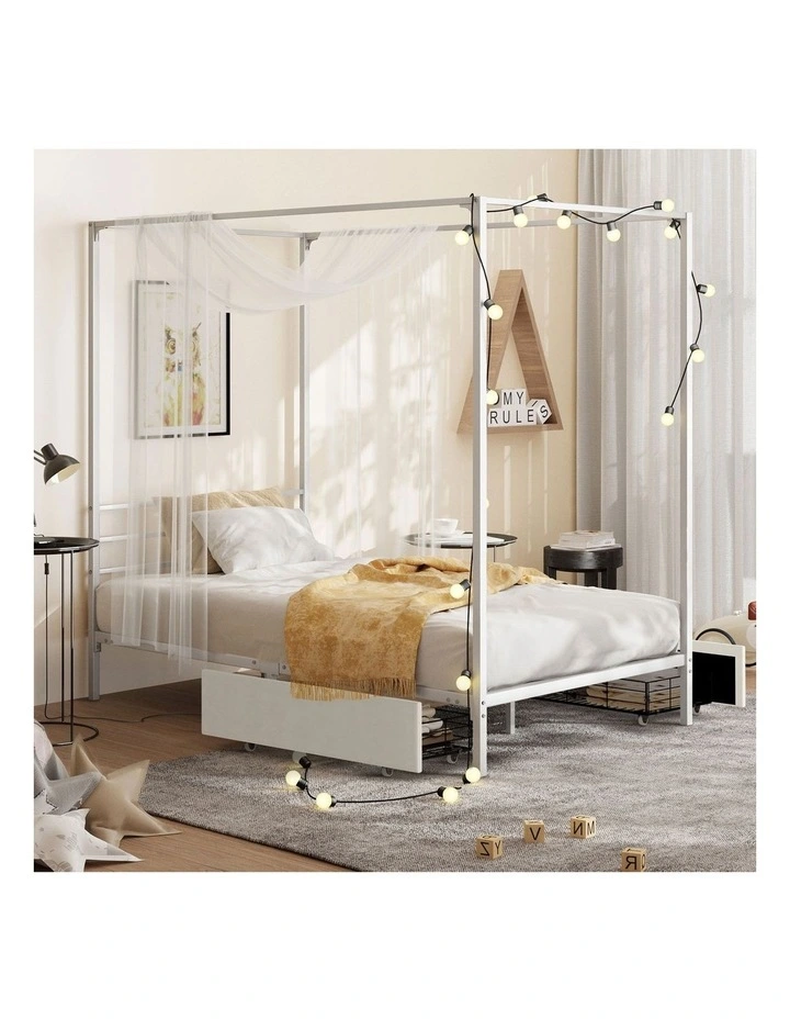 Oikiture Metal Canopy Bed Frame Single Size Beds Platform with 2 Drawers White image 4