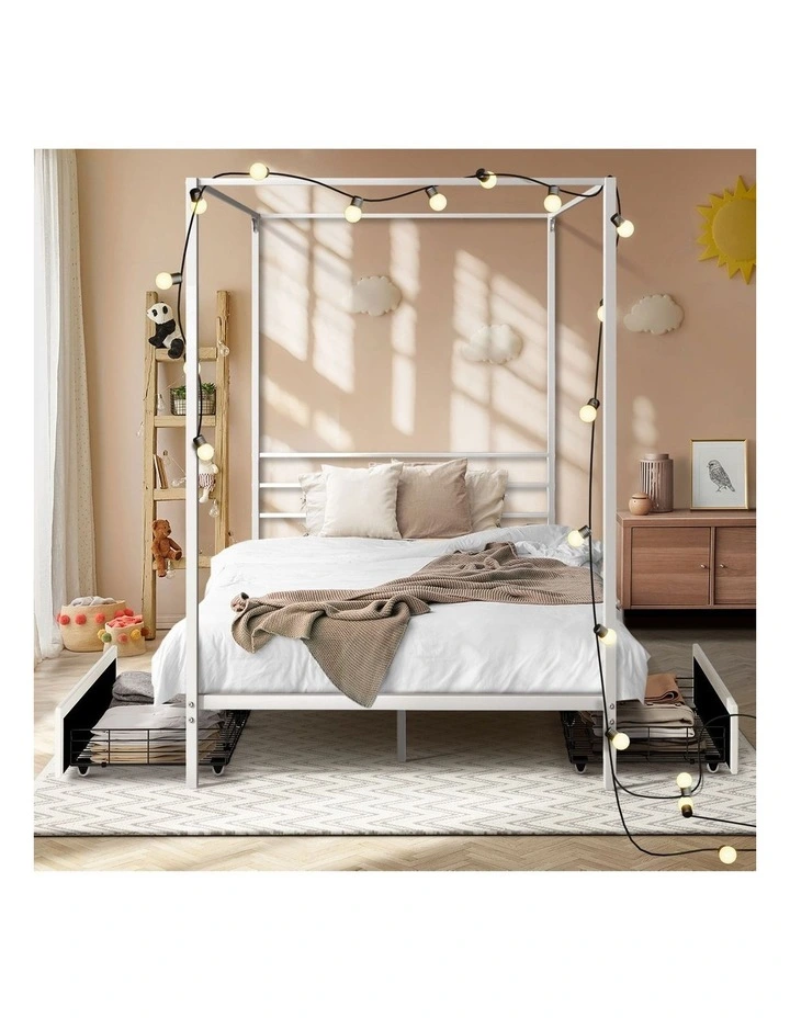 Oikiture Metal Canopy Bed Frame Single Size Beds Platform with 2 Drawers White image 5