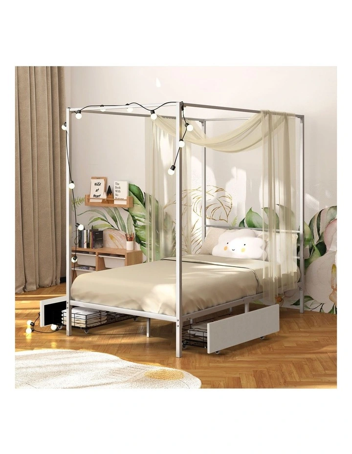 Oikiture Metal Canopy Bed Frame Single Size Beds Platform with 2 Drawers White image 7