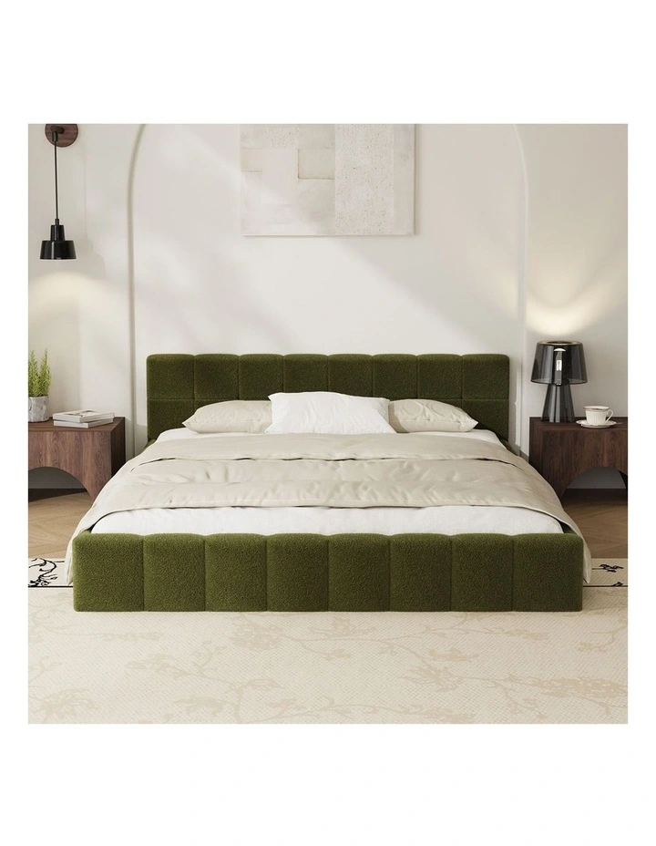 Oikiture Bed Frame Queen Size Tufted Headboard Green Boucle image 5