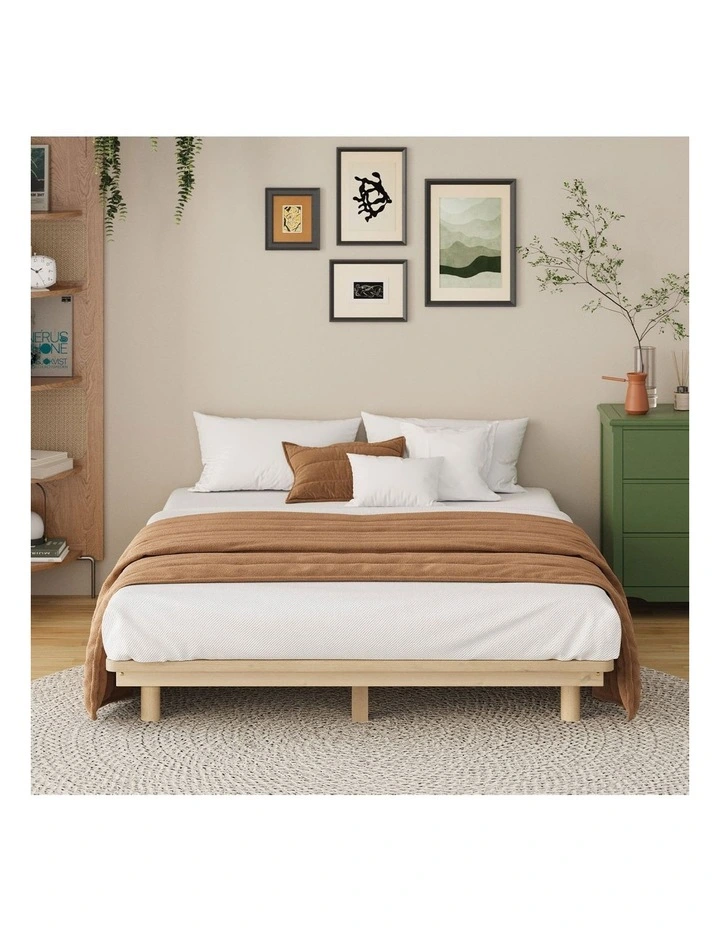Oikiture Bed Frame Double Size Wooden Bed Base Timber Floating Beds image 5