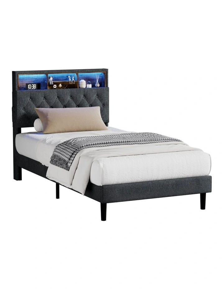 Oikiture Bed Frame King Single Beds Base with LED Storage Bedhead NOVI image 1