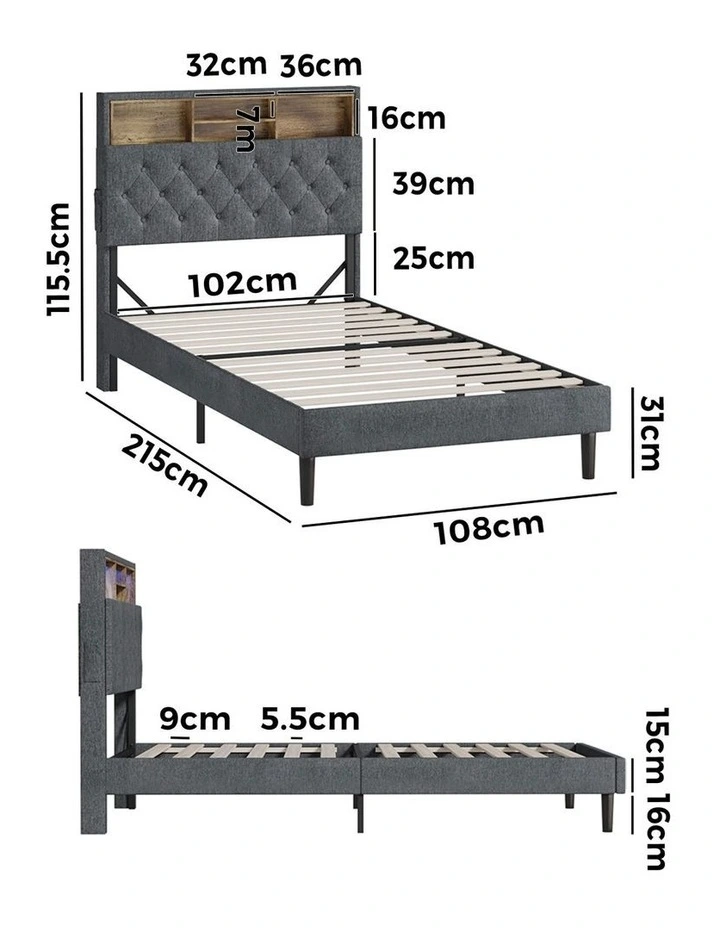 Oikiture Bed Frame King Single Beds Base with LED Storage Bedhead NOVI image 3