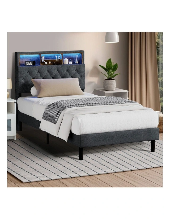 Oikiture Bed Frame King Single Beds Base with LED Storage Bedhead NOVI image 4