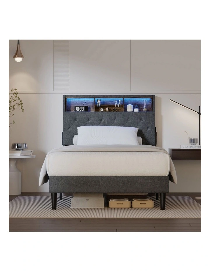 Oikiture Bed Frame King Single Beds Base with LED Storage Bedhead NOVI image 5