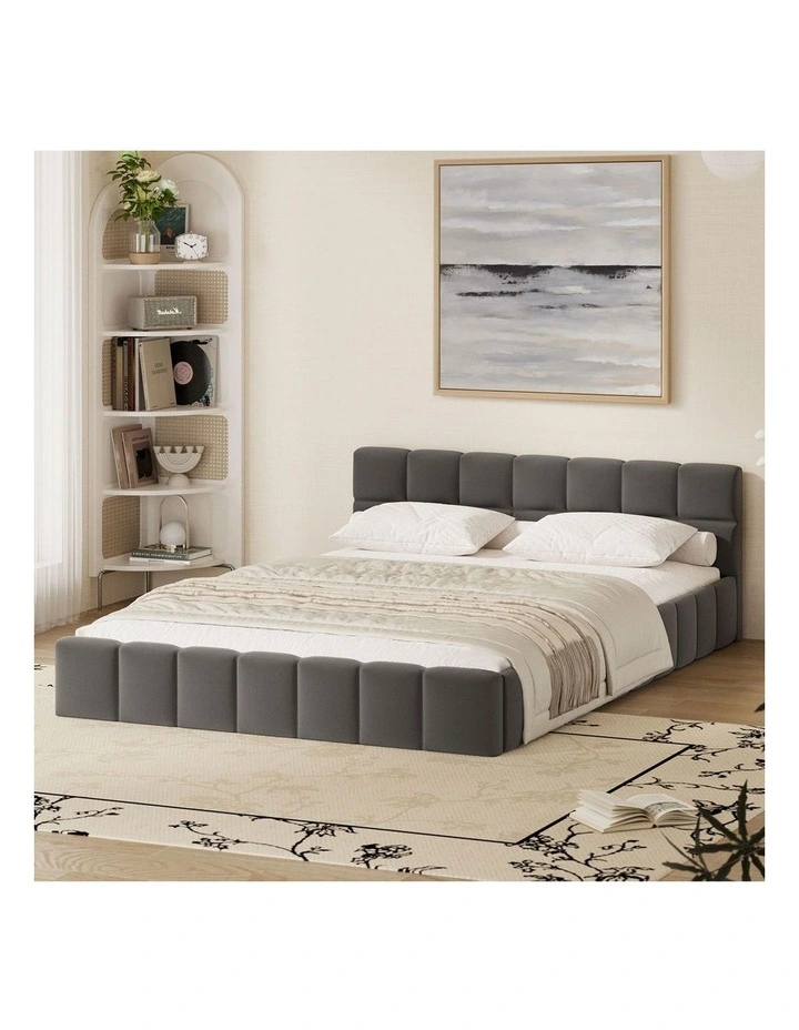 Oikiture Bed Frame Double Size Tufted Headboard Grey Velvet image 4
