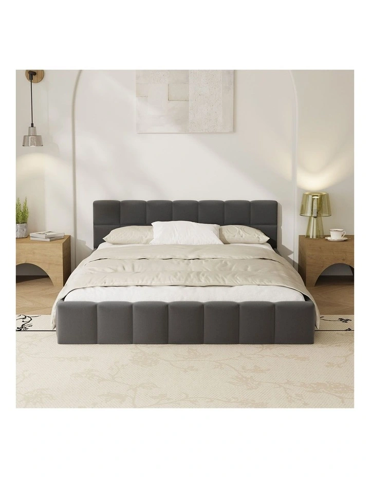 Oikiture Bed Frame Double Size Tufted Headboard Grey Velvet image 5