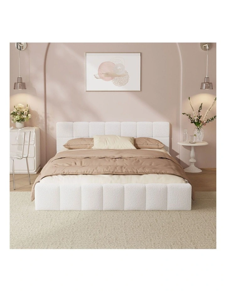 Oikiture Bed Frame Double Size Tufted Headboard White Boucle image 5