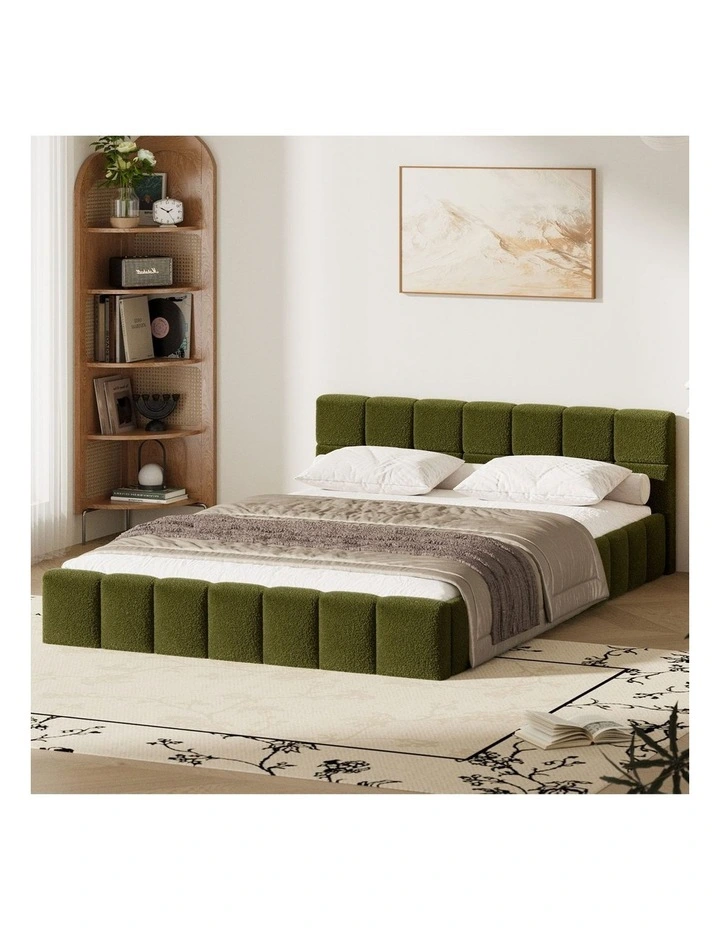 Oikiture Bed Frame Double Size Tufted Headboard Green Boucle image 4