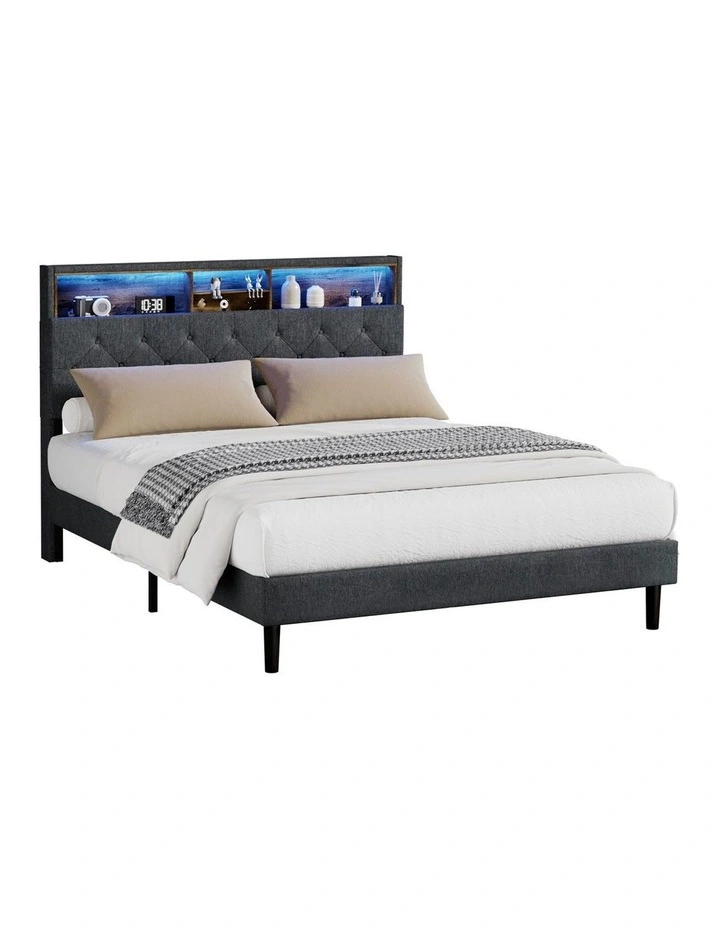Oikiture Bed Frame Double Size Beds Base with LED Storage Bedhead NOVI image 1