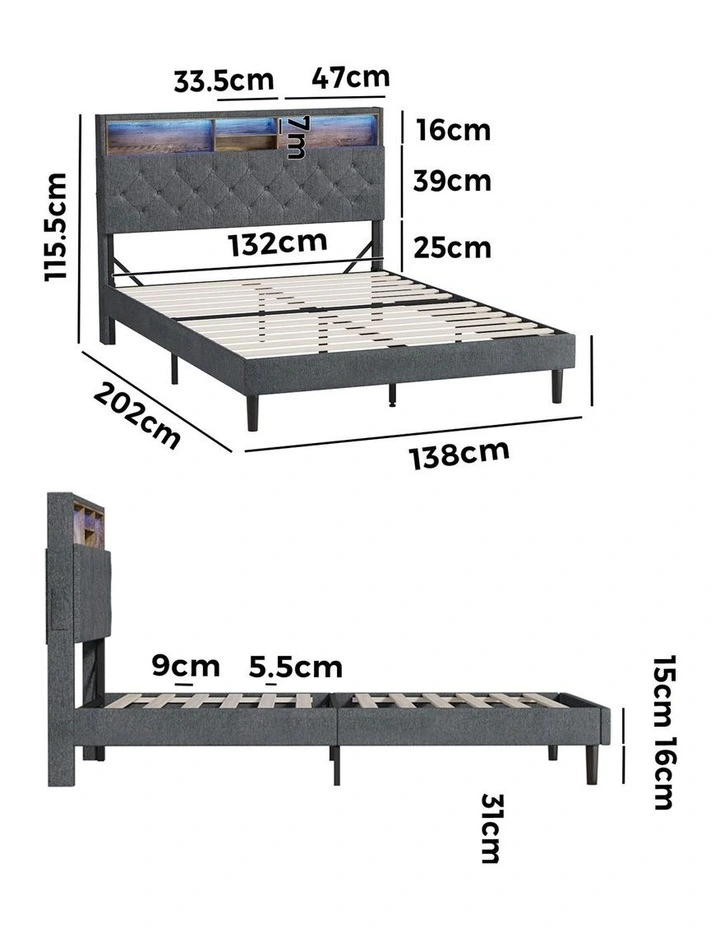 Oikiture Bed Frame Double Size Beds Base with LED Storage Bedhead NOVI image 3