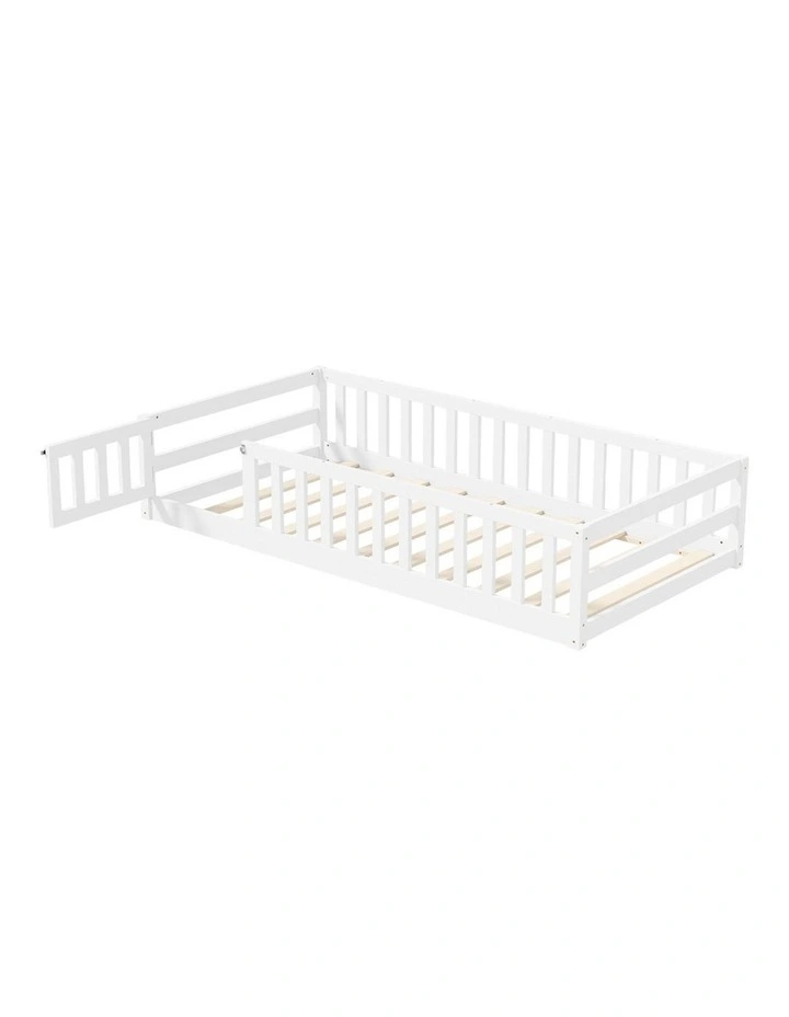 Oikiture Kids Bed Frame Single Floor Beds Timber Wood Gate Guard Fence White image 1