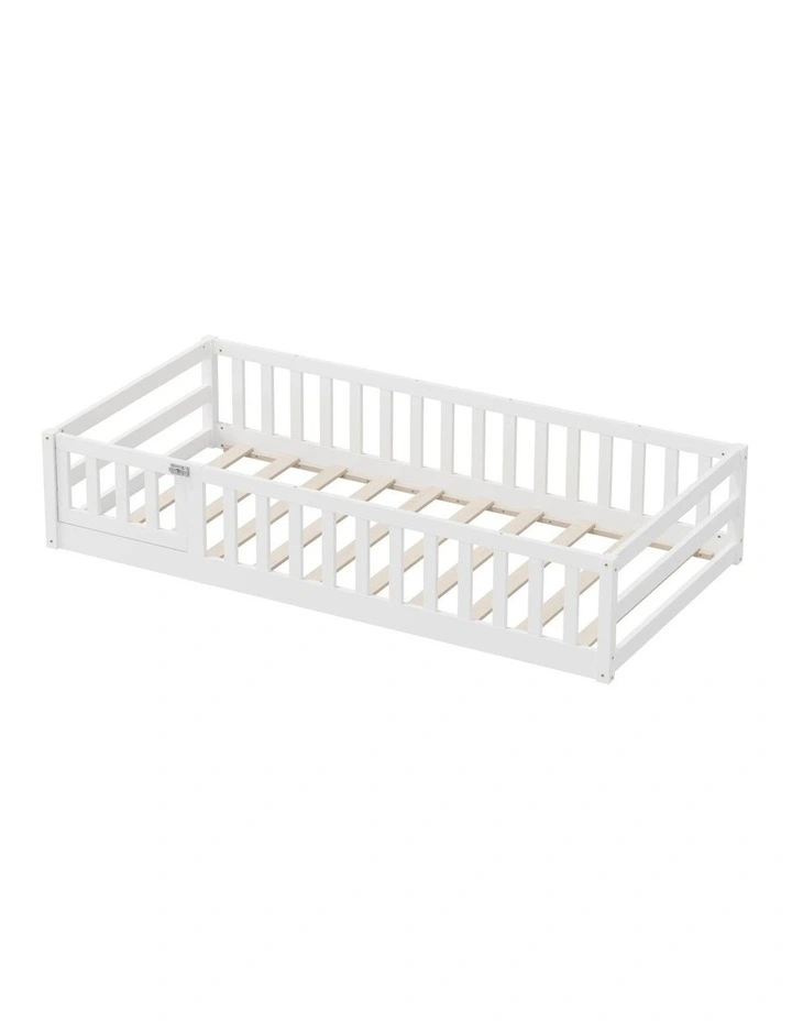 Oikiture Kids Bed Frame Single Floor Beds Timber Wood Gate Guard Fence White image 2