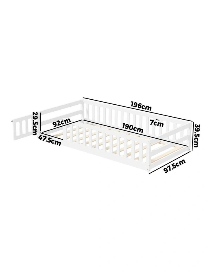 Oikiture Kids Bed Frame Single Floor Beds Timber Wood Gate Guard Fence White image 3