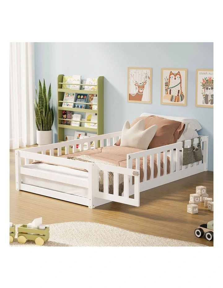 Oikiture Kids Bed Frame Single Floor Beds Timber Wood Gate Guard Fence White image 4