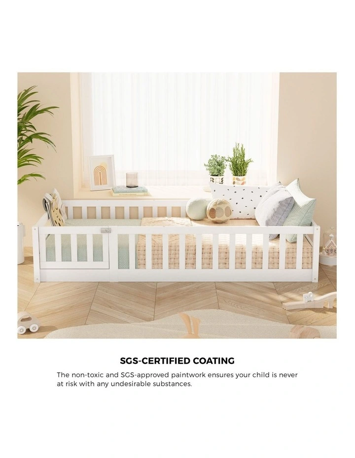 Oikiture Kids Bed Frame Single Floor Beds Timber Wood Gate Guard Fence White image 5