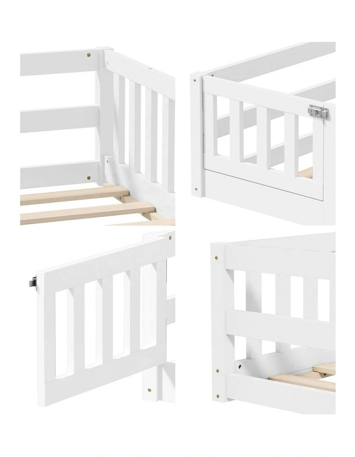 Oikiture Kids Bed Frame Single Floor Beds Timber Wood Gate Guard Fence White image 6