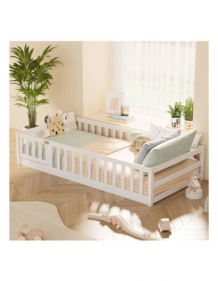 Oikiture Kids Bed Frame Single Floor Beds Timber Wood Gate Guard Fence White image 7