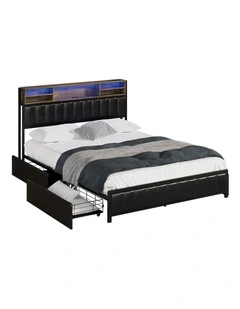 Oikiture Bed Frame Queen Size with LED Storage Bedhead 4 Drawers USB Charge