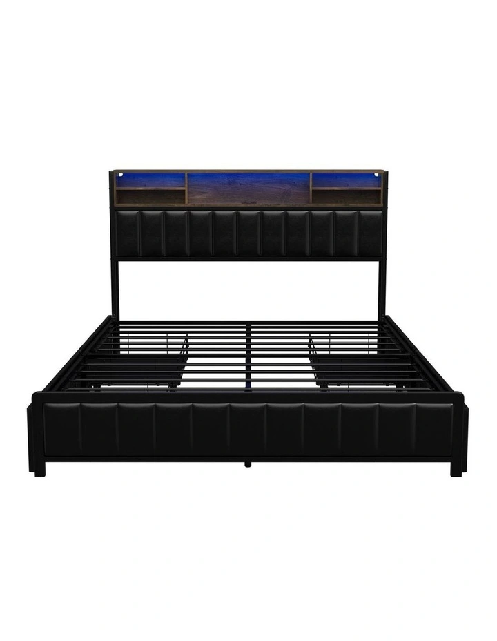 Oikiture Bed Frame Queen Size with LED Storage Bedhead 4 Drawers USB Charge image 2