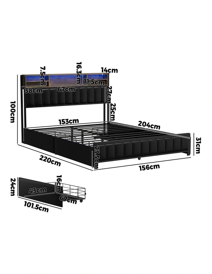 Oikiture Bed Frame Queen Size with LED Storage Bedhead 4 Drawers USB Charge image 3