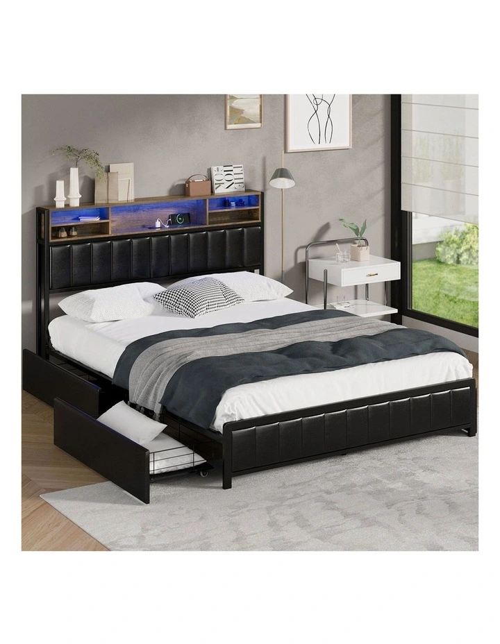 Oikiture Bed Frame Queen Size with LED Storage Bedhead 4 Drawers USB Charge image 4